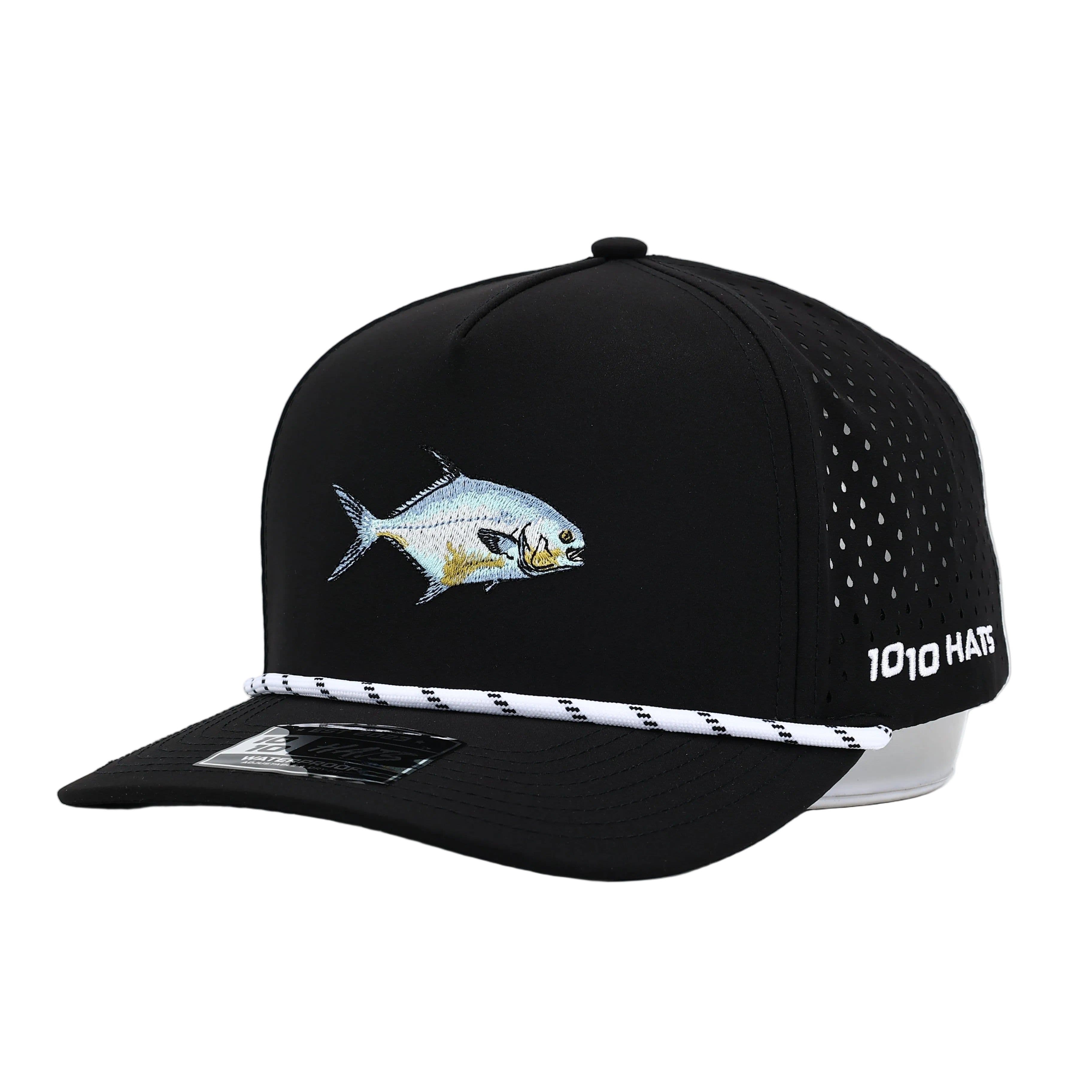 10-10 Hats Permit Fish Hat in black, front three-quarter view, with an embroidered permit fish design and a white-and-black rope cord across the brim