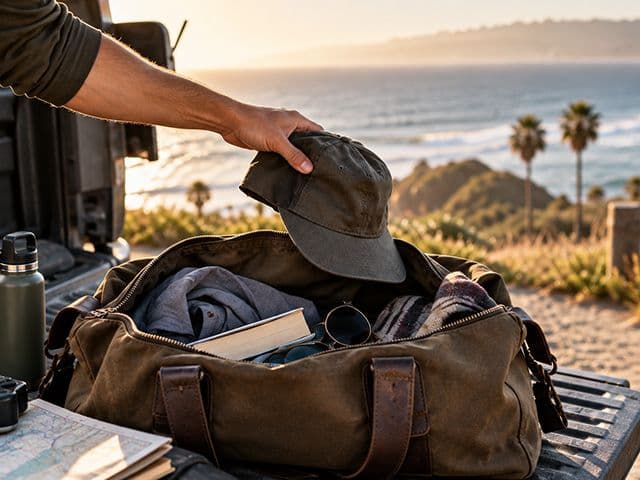 A hand places a weathered ball cap into an open duffel bag packed for travel, with a coastal sunset and palm trees in the background.