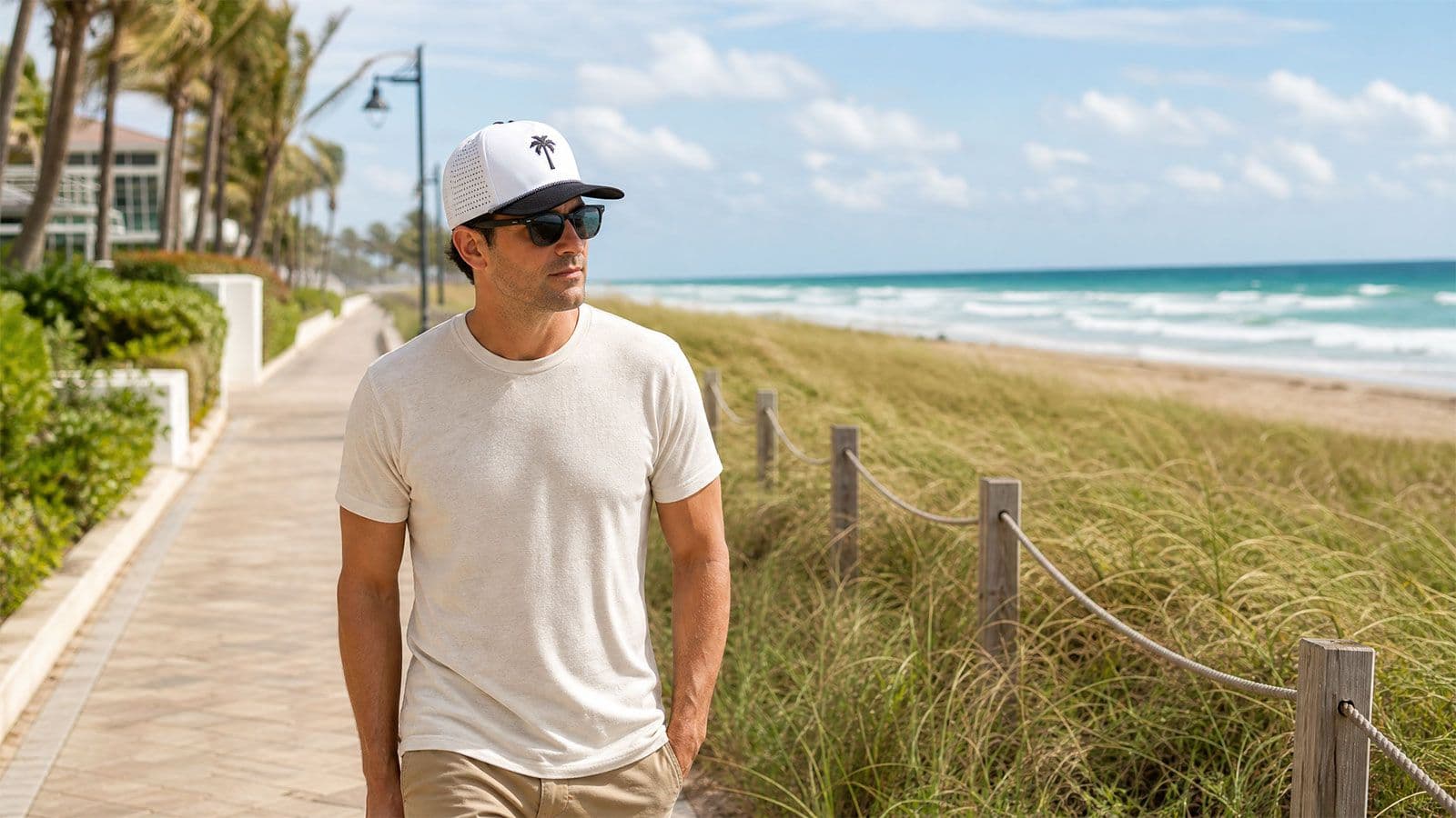 Man wearing a white performance hat with a palm tree design while walking along a coastal beach path.