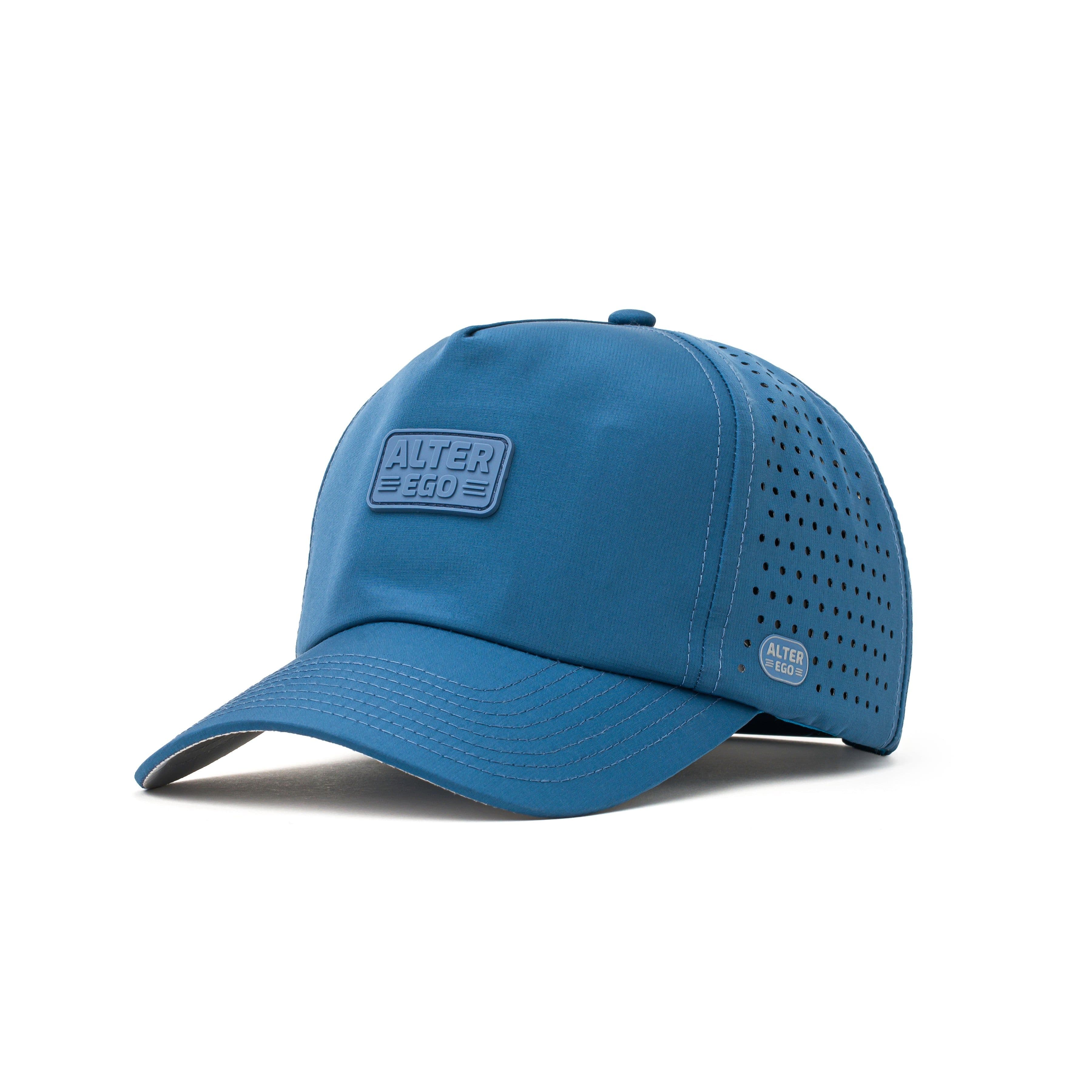 Alter Ego Running Traveler Splash Mariner Blue Signature hat, front three-quarter view, mariner blue crown with an Alter Ego rubber patch and laser-perforated side panels