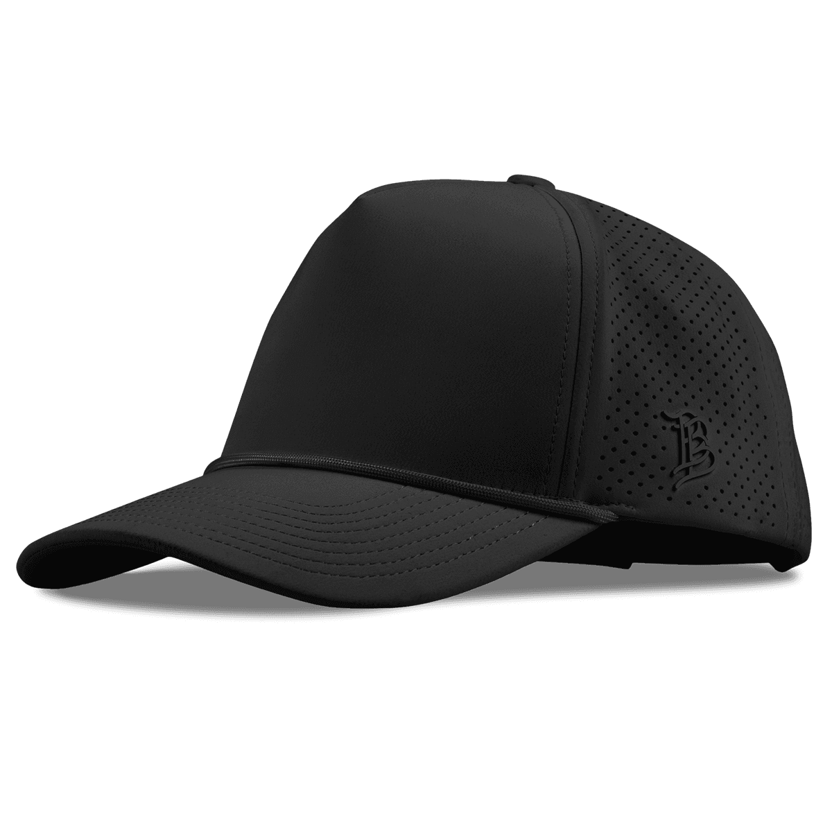 Branded Bills Bare Curved Elite XGen® 5 Panel Rope Hat in black, side profile view showing the tonal rope trim and laser-perforated panel