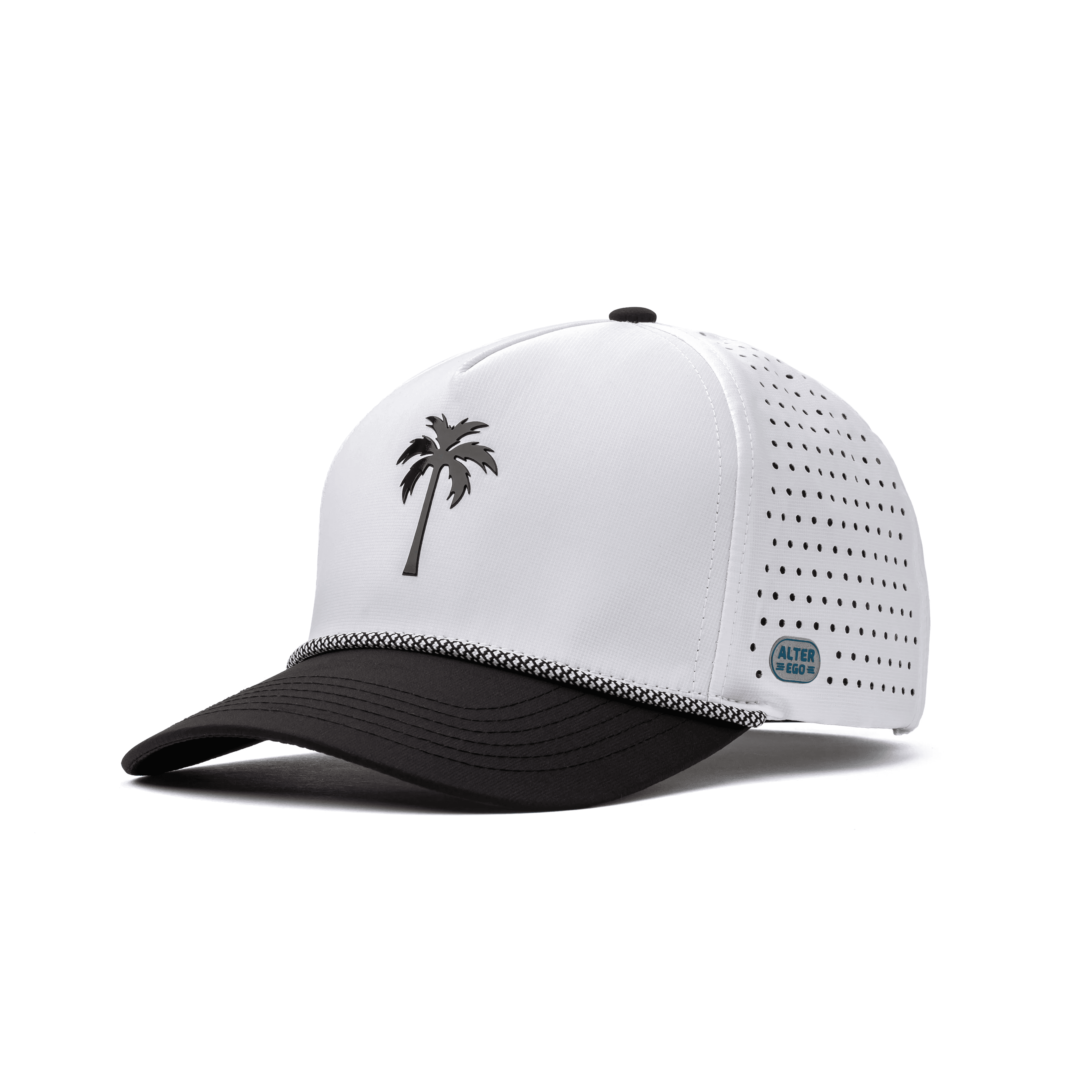 Alter Ego Coaster Splash Classic Black White Palm hat, front three-quarter view, white crown with a black palm tree logo, black bill, and black-and-white rope trim