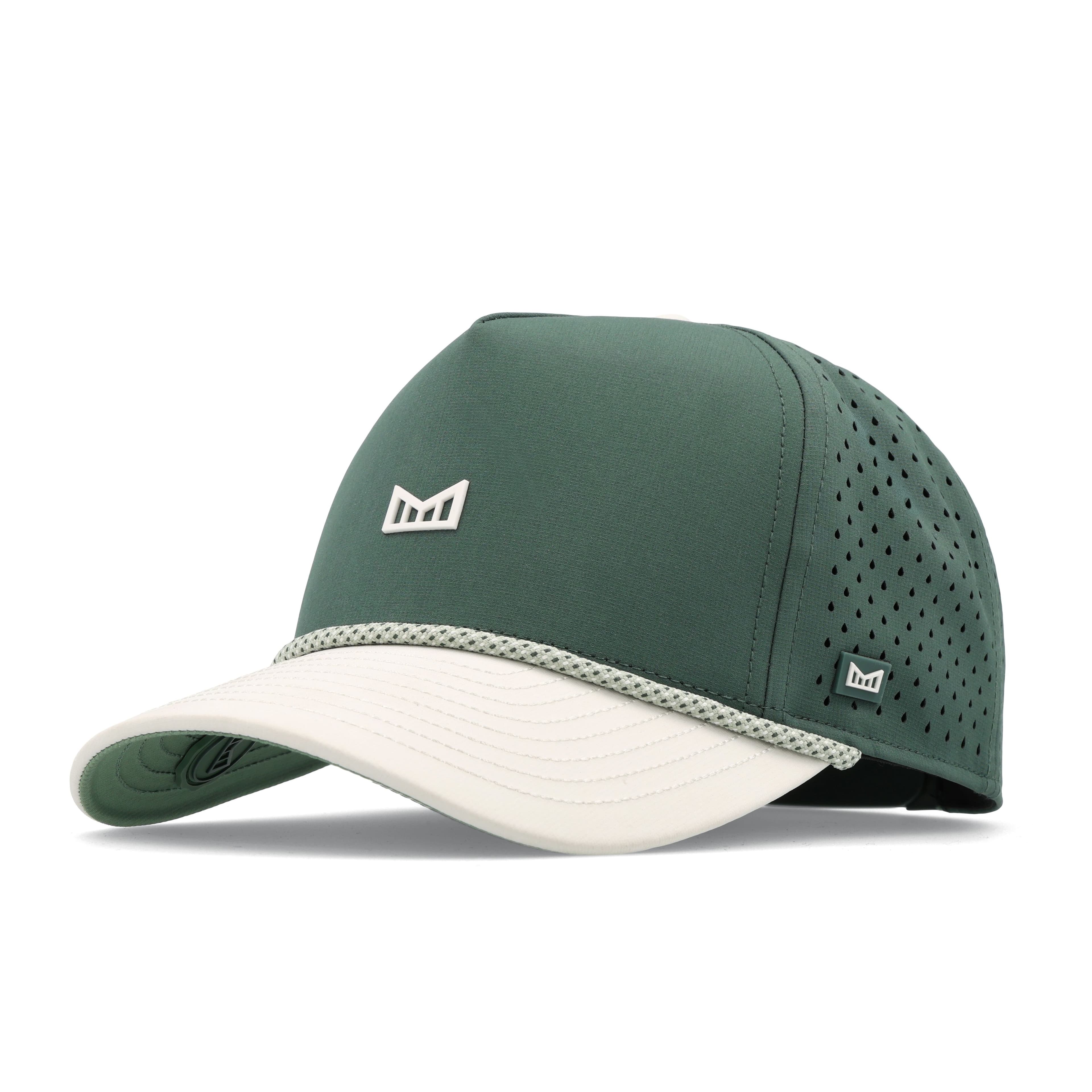 Melin Odysea Rope Bulls Icon HYDRO hat in Misty Trails, front three-quarter view, green crown with a cream rope-trimmed bill and white M logo