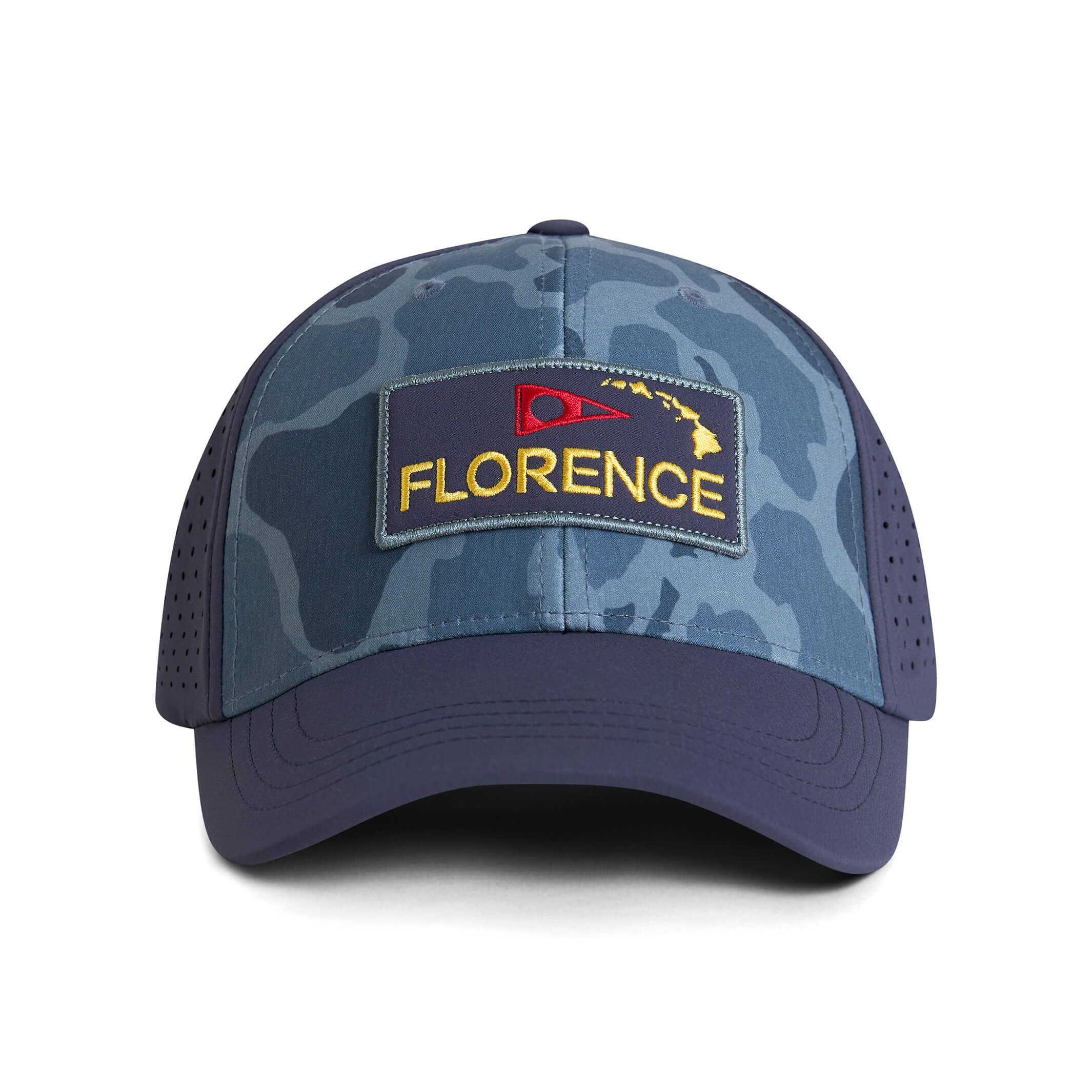 Front three-quarter view of the Florence Marine X Camo Airtex Trucker Hat in Maritime Camo