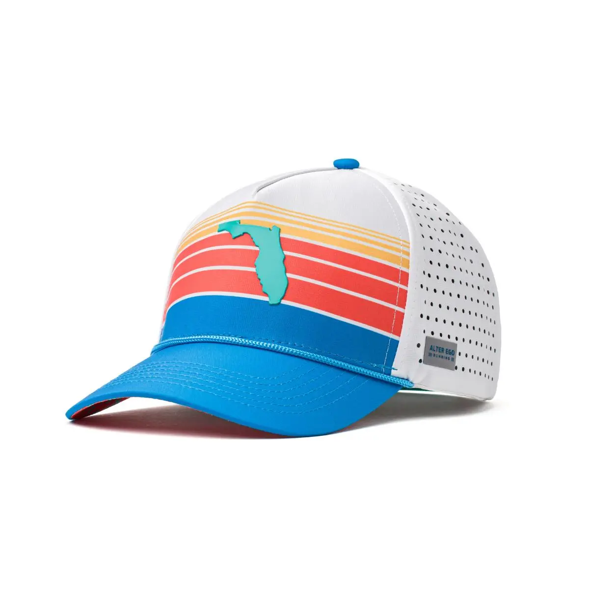 Alter Ego Coaster Splash Florida Rise hat, front view showing the sunset stripe design and Florida icon
