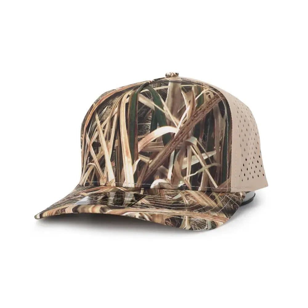 10-10 Hats Mossy Oak Blades camo 5-panel snapback cap, front three-quarter view