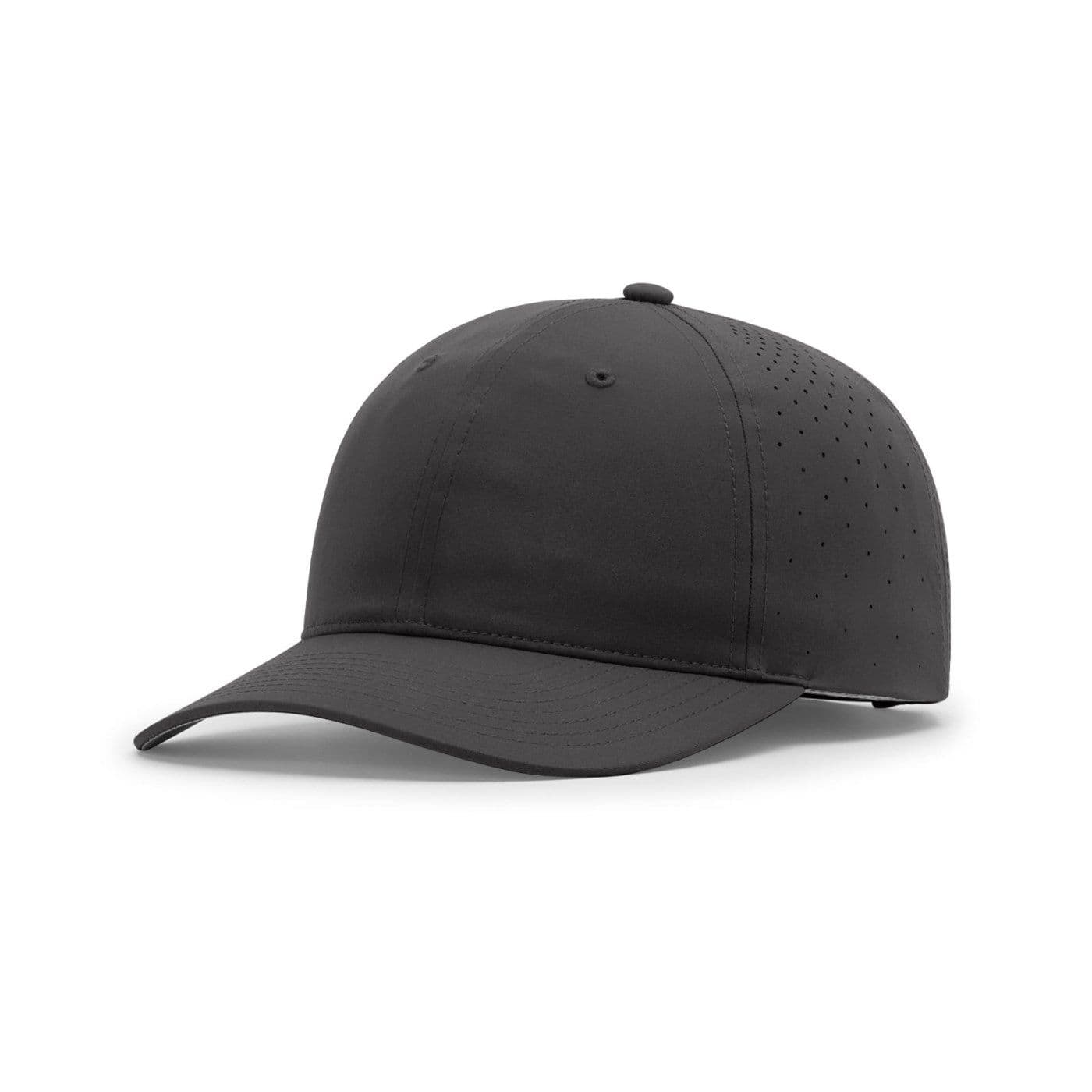 Richardson 226 Relaxed Performance Laser Perf in Dark Grey, three-quarter view showing the unstructured crown, precurved bill and laser-perforated side panels